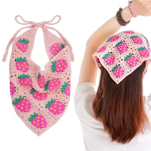 Pink Crochet  Scarf Bandanas Headbands Hair Scarf for Women Girls Knitted Strawberry  Coverings Hair Accessories for Hair Styling Decor