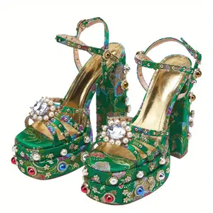 Elegant Vintage Print Platform Sandals - Ankle Buckle Strap Faux Pearl Decor Block Heels Slingback Party Banquet Shoes for Women
