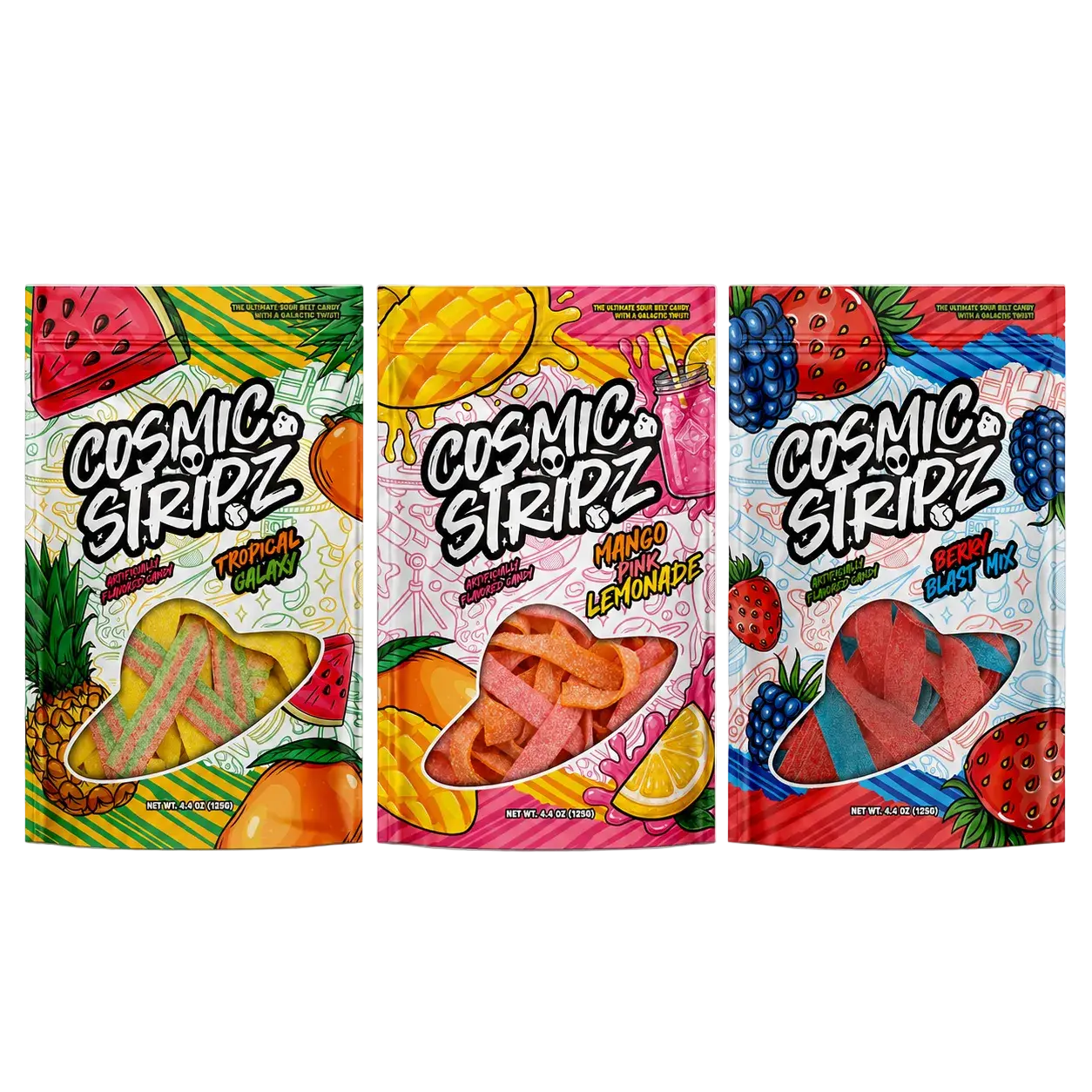 Sour Belts Candy Variety Pack 3 Bags - Cosmic Stripz Galactic Trio | Strawberry Blue Raspberry, Mango Pink Lemonade, Tropical Pineapple Mango Watermelon 4.4oz Resealable