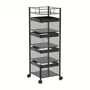 360° Rotating Storage Cart with Lockable Wheels, 4/5/6 Tier Multi-Layer Rolling Storage Organizer, Metal Mesh Removable Basket Shelf, Large Capacity Movable Storage Trolley for Kitchen Bathroom Living Room Bedroom Pantry Laundry Room
