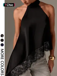 1 Piece Lace-Trimmed Fitted Draped Halter Neck Top | Women's Euro-American Elegant Chic Vibe | Cold Shoulder Design + High Neck Halter | Sophisticated Pick for Holiday Nights / Formal Occasions | Womenswear