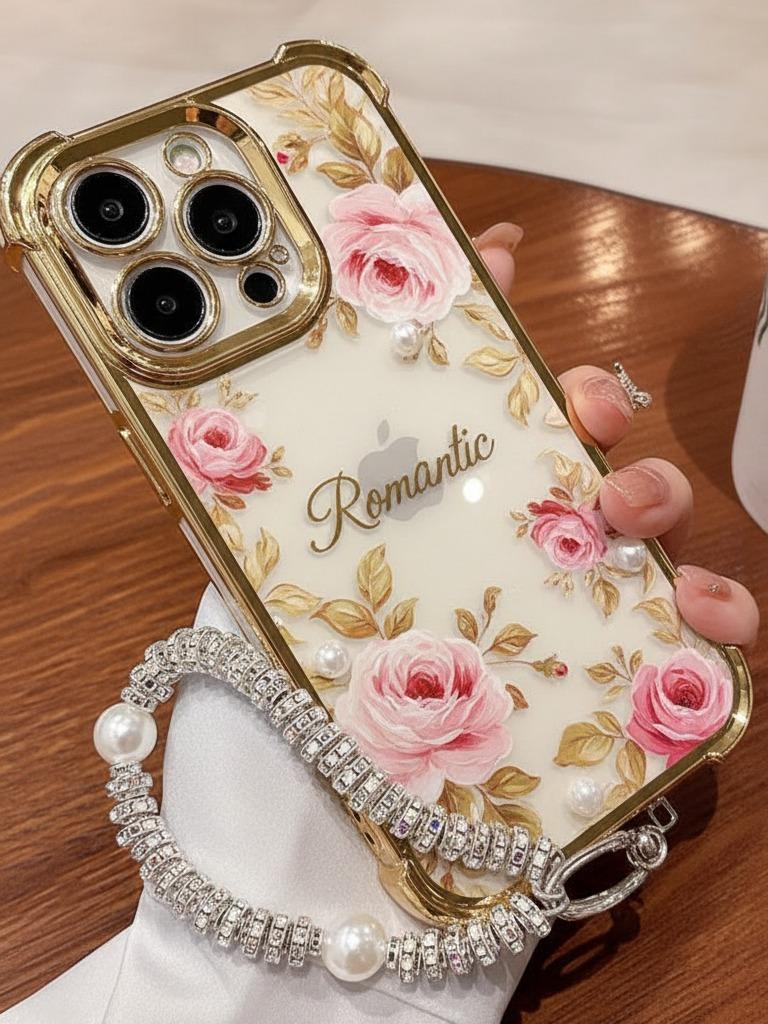 Five Butterflies Pattern Women's Phone Case for iPhone 11/12/13/14/15/16/17 Pro Max, Pink Chrome Alloy Frame Reinforced Corner Protection Protective Phone Cover