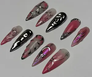 Y2K Chrome Press On Nails: Pink & Silver Cybercore Nail Art - Glossy Finish, Easy Application, Versatile Design, Affordable & Time-Saving, Safe for Natural Nails