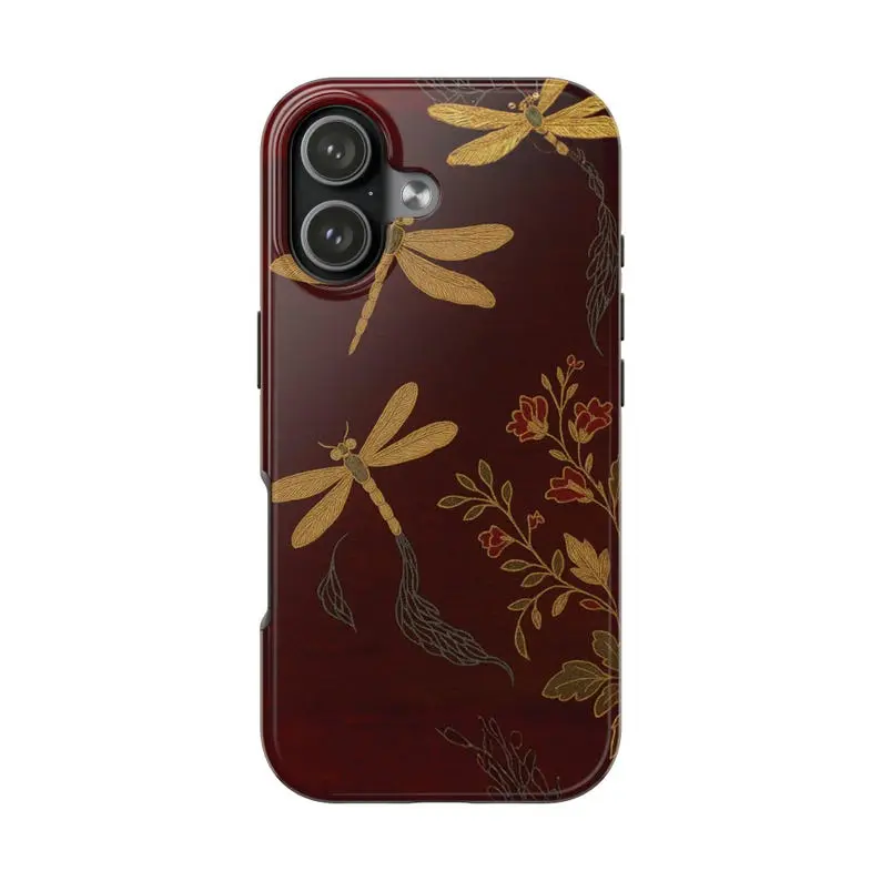 Whimsigoth Aesthetic Dragonfly Phone Case for IP 17 16 15 14 13 12 11 Pro Max XR Xs 6 7 8 Plus SE, Vintage Boho Patchwork Floral Case, Crimson Dragonfly , Fairycore Nature - Boho Red Velvet Phone Cover, Girly Floral Tough Case, Waterproof