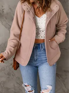 Pink Faux Shearling Lining Snap Button Suede Jacket