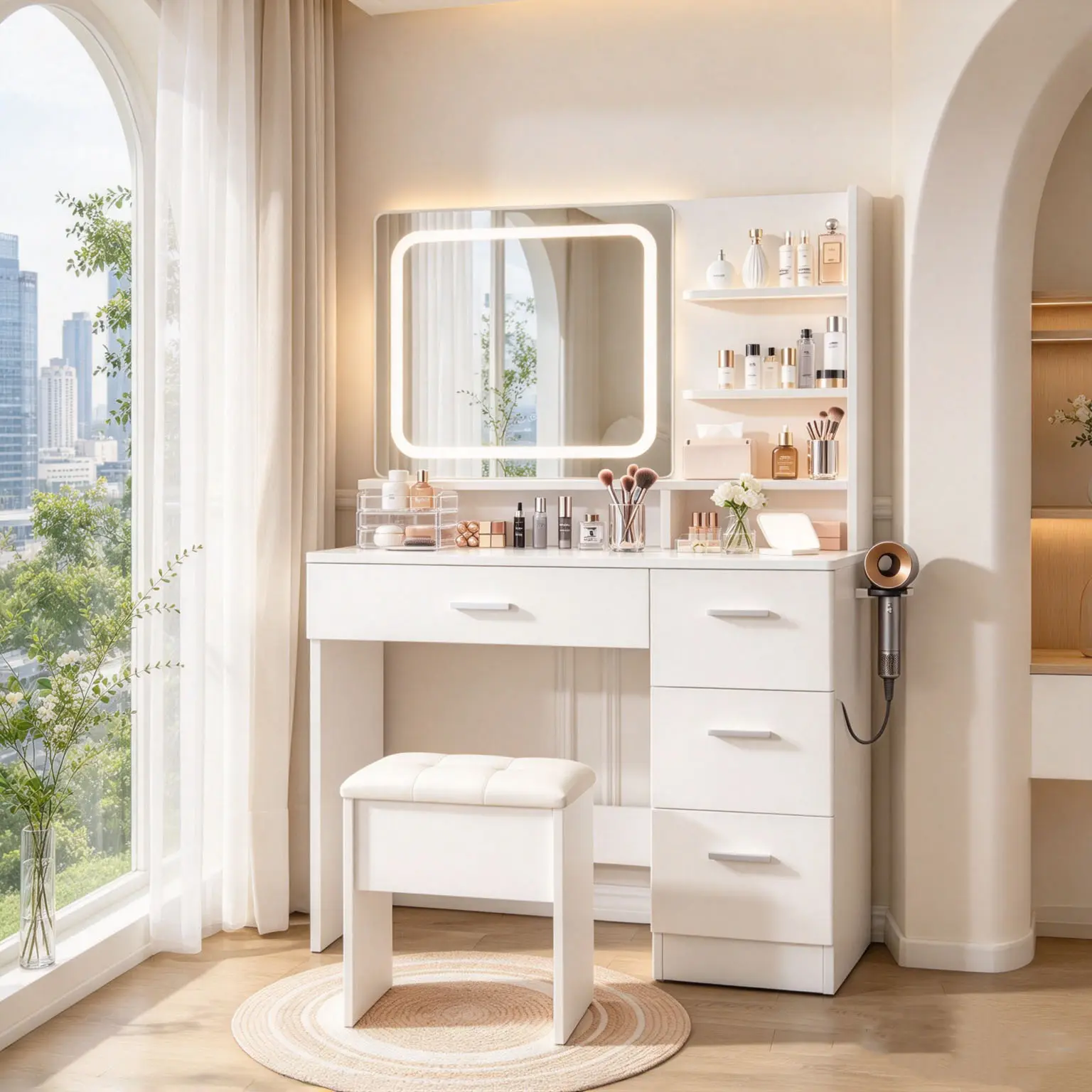 White vanity set includes LED-lit mirror and stool; modern-style bedroom makeup table with storage drawers; popular choice for girls; suitable for bedrooms, living rooms, and dorms furniture big desk color rgb rectangular transparent compartment drawer