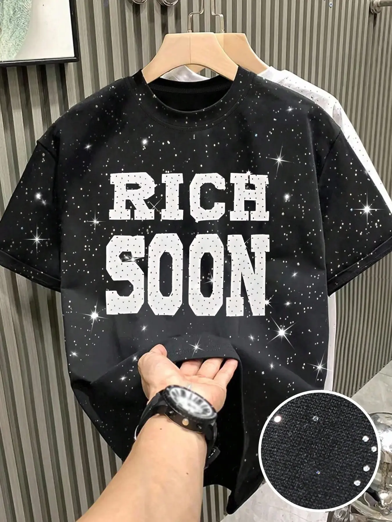 Men's Casual Fitted Short Sleeve Graphic T-Shirt, Streetwear, Menswear, Full Print Starburst + Fun Lettering, Shiny Details, Silver Color Fabric, All Seasons Wear, Casual Graphic Tee