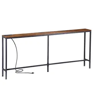 SuperDeal Sofa Table with Charging Station, Narrow Entryway Table 70 Inch Console Table with Outlet, Brown
