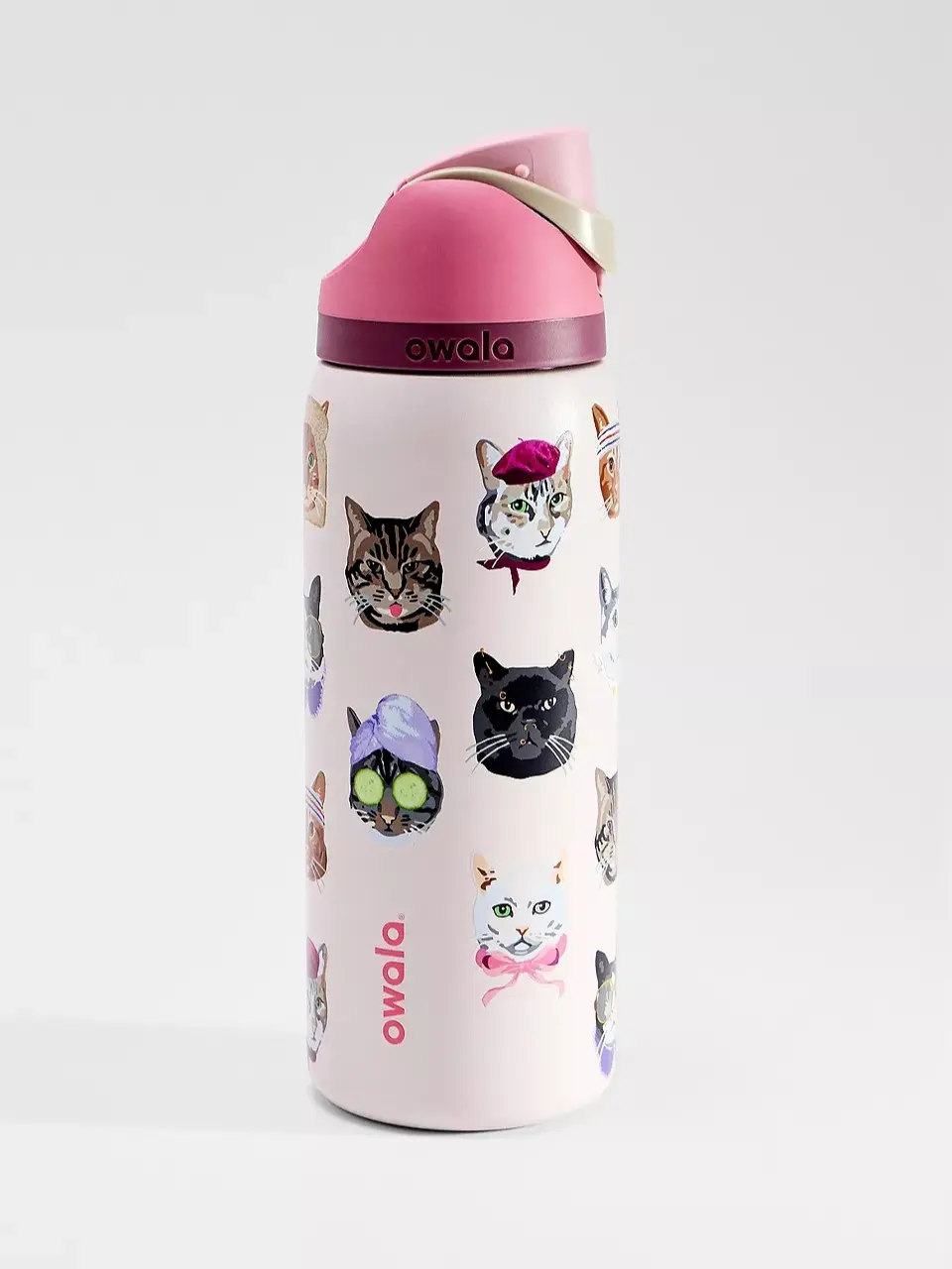 Owala Cute Cat Print Insulated Water Bottle, 32oz Stainless Steel Travel Bottle with Leakproof Lid, Double Wall Vacuum Insulated Reusable Water Bottle for Gym, School, Office & Outdoor Use