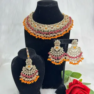 Desi Bollywood Gold Tone Premium Necklace Earrings & Tikka Set Featuring Gemstones and Pearls for Special Occasions Party and Wedding Wear