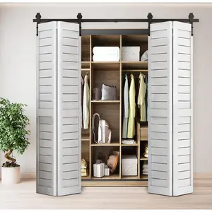 60" Bi-Folding Sliding Barn Door Hardware Kit for 4 Doors,Smoothly&Quietly,Black Track J Shape Roller-[Doors not Included]