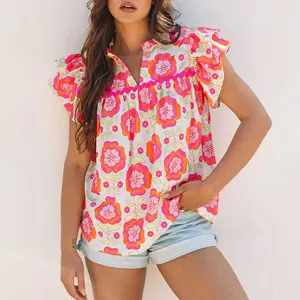 Rose Floral Ruffled Sleeve Ric-rac Trim Split Neck Loose Blouse outdoorfun