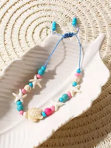 Women's Fashion Ocean-Inspired Starfish & Turtle Beaded Textured Anklet, Perfect for Beach Vacations & Party Wear, Casual Style Jewelry