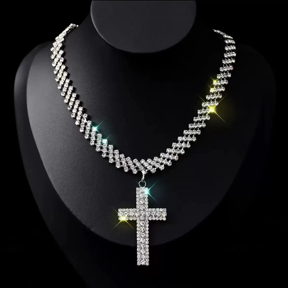 Women Full Rhinestone Cross Choker Necklace Pendant Fashion Jewelry