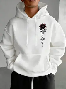 Men's Letter Rose Print Fleece Hoodie, Casual Loose-Fitting Sweatshirt, Unisex Fall & Winter Fashion, Comfortable Daily Wear