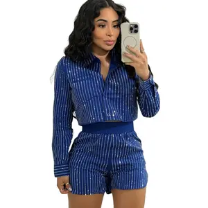 Ellie 2 Piece Rhinestone Top & Short Set - Striped Design for Women - Long Sleeve Above the Knee Elegance Clothes - Suits