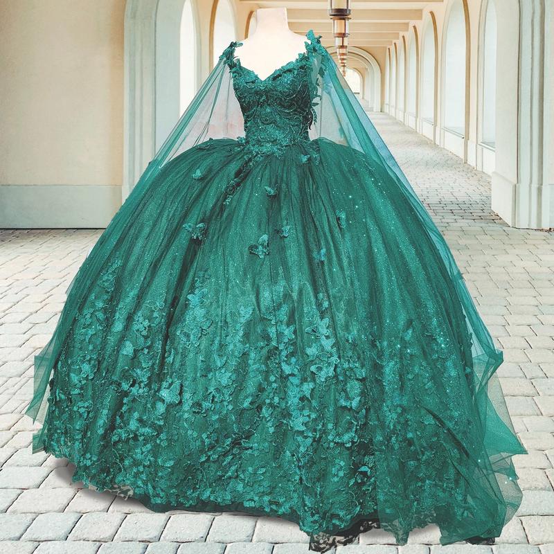 NO.41 Flowers and Metallic Lace Sparkle Tulle Quinceañera Dress With a cape bodycon party plain mature blue dress quince sequin dress Formal Womenswear party maxi Wedding Ceremony