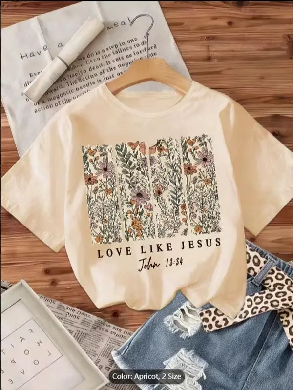 [Easter T-Shirt] Love Like ' Floral Print Short-Sleeve T-Shirt for Girls, Soft and Stretch Round Neck Top for Toddlers, Bible T-Shirt, Stylish Design, Exquisite Workmanship, Girls' Clothing, Easter T-Shirt