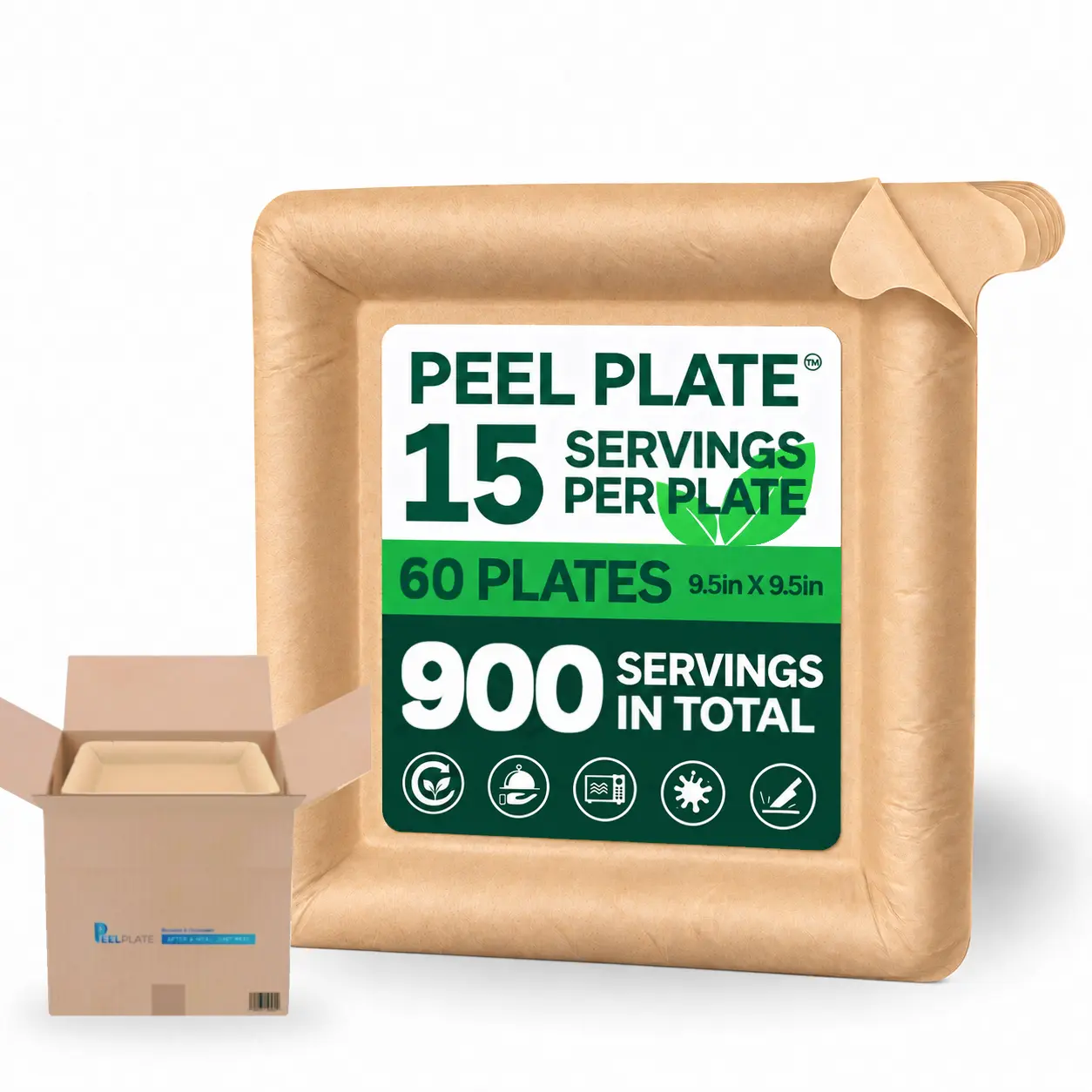 Peel Plates - One Year Supply Box - 60 Large Plates 900 Servings Total [9.5in X 9.5in] - 15 Servings Per Plate - Reusable Paper Plates Disposable Dinnerware Set, Heavy Duty Disposable Plates