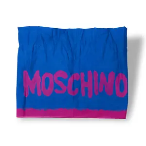 Moschino Shawl 70x70CA Bold Logo Statement Style - Iconic Blue & Pink Contrast Lightweight Square Scarf for Everyday Wear Travel & Gifting