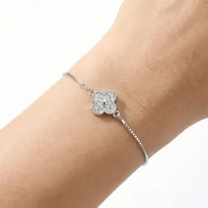 S925 Clover Bracelet Adjustable With Handmade Zirconia White Lab 7'' to 9'' Elegant Jewelry Style, Adults, Female
