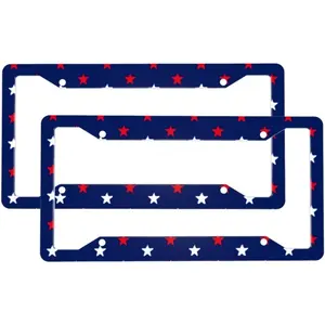 2 Sets Patriotic Red White and Navy Blue Stars Pattern Premium License Plate Holder Car Accessories - Car Truck SUV Front and Rear Bracket for Enhanced Night Vision 4 Holes