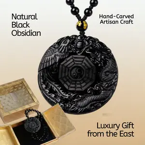 Natural Black Obsidian Dragon-Phoenix Necklace Pendant, Hand-Carved by a Taoist Artisan, Featuring Yin-Yang and Bagua Symbols for Men and Women, Comes with a Luxury Gift Box