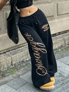 Leopard Print Letter Sweatpants, Loose Fit Straight Leg Casual Pants, Trendy Streetwear for Women, Comfortable Daily Wear