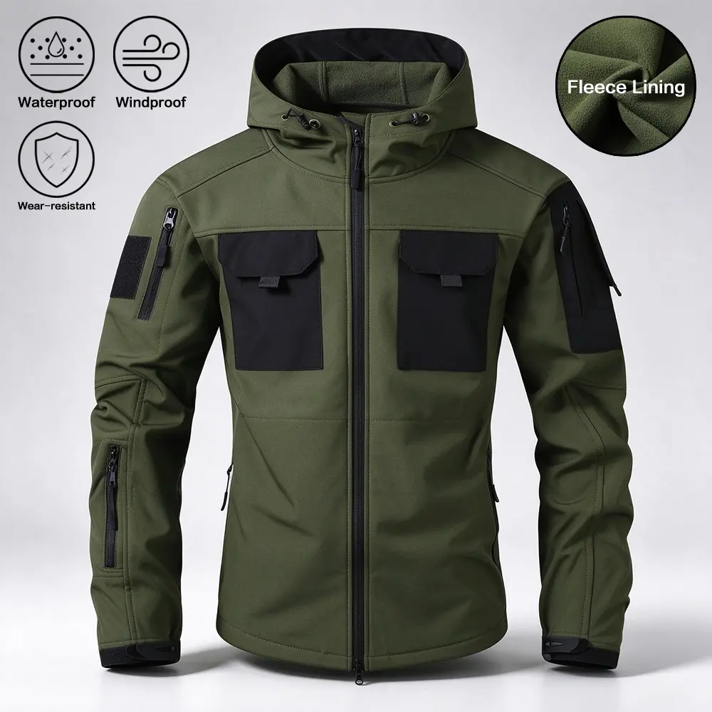 Men's Tactical Utility Softshell Hooded Jacket - Waterproof, Windproof, Wear-Resistant, Fleece-Lined, Zip Chest & Arm Pockets for Hiking, Casual Outdoor Use (Casual Outdoor, Hiking, Tactical, Windproof & Water-Resistant Lightweight Styles), Casual Outdoor