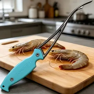 Seafood peeling and cleaning tool for shrimp and prawns. Designed with a sharp stainless steel blade, sturdy full-tang structure and ergonomic handle, a practical daily kitchen essential.