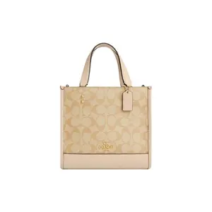 COACH Dempsey 22 Classic Monogram Tote Bag with Gold Logo and Leather Trim for Women in Light Khaki