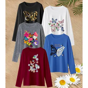 For Youself- Aesthetic Butterfly Print Five-Piece Sister Set Casual Long-Sleeve Crew Neck T-Shirt Simple and Comfortable Women's Everyday Shirt A Gift for Mothers and Girlfriends