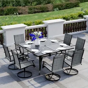 9-Piece Outdoor Dining Set for 8 with Adjustable Umbrella Hole & 8 Swivel Chairs, Square Iron Table & Weather-Resistant Design for Patio, Deck, Backyard, Poolside (Gray/Brown/Blue)