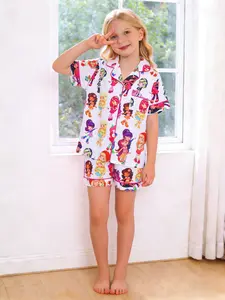 2-piece Kids' Set: Strawberry Sweetheart Cake Girl Cartoon Print Short Sleeve Shorts Soft Comfortable Top with Small Pocket Turn-Down Collar Elasticated Waistband Daily Home Casual Kids' Sleepwear Set