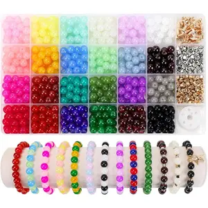 700 count Glass Beads for Crafts- 24 Colors 8mm  Glass Beads with  &  Spacer Beads and Elastic String for Bracelets, Necklace & DIY Crafts