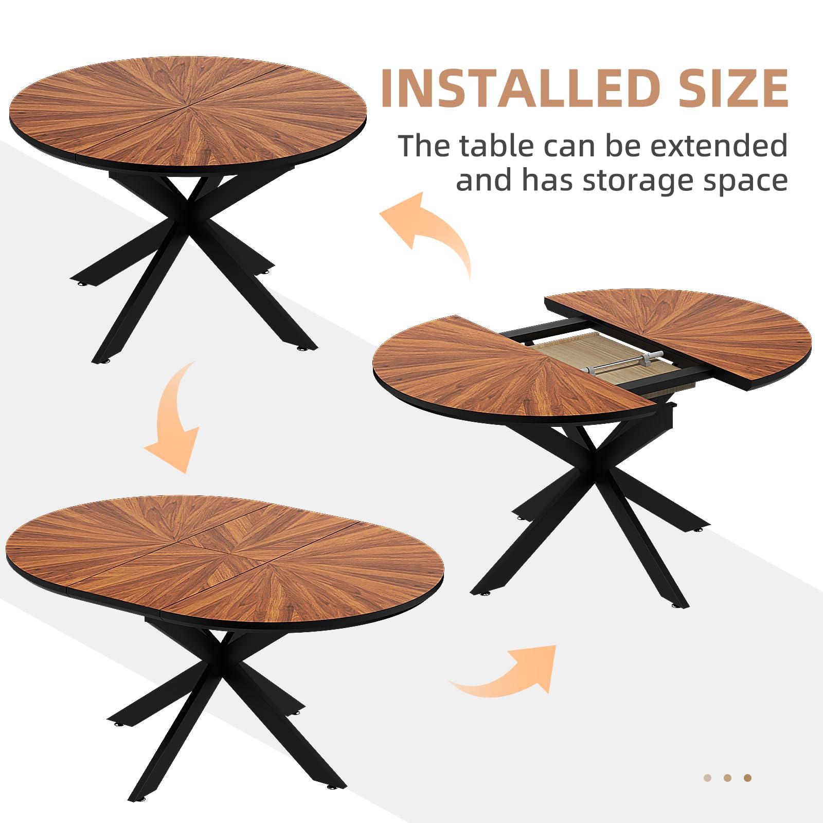 47.2"-63" Extendable Round Dining Table for 4-6, Modern Farmhouse Kitchen Oval Dining Table with Removable Leaves Space Saving, Expandable Table, Solid Wood Tabletop & Metal Frame, Walnut Dining Room Furniture