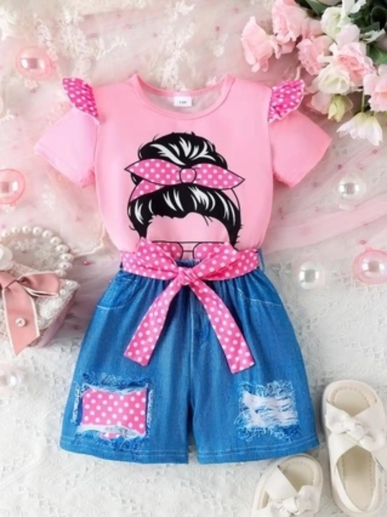 Two-piece Set Girl's Cartoon Figure Print Ruffle Trim Tee & Denim-effect Print Belted Shorts, Casual Short Sleeve Round Neck T-shirt & Elastic Waist