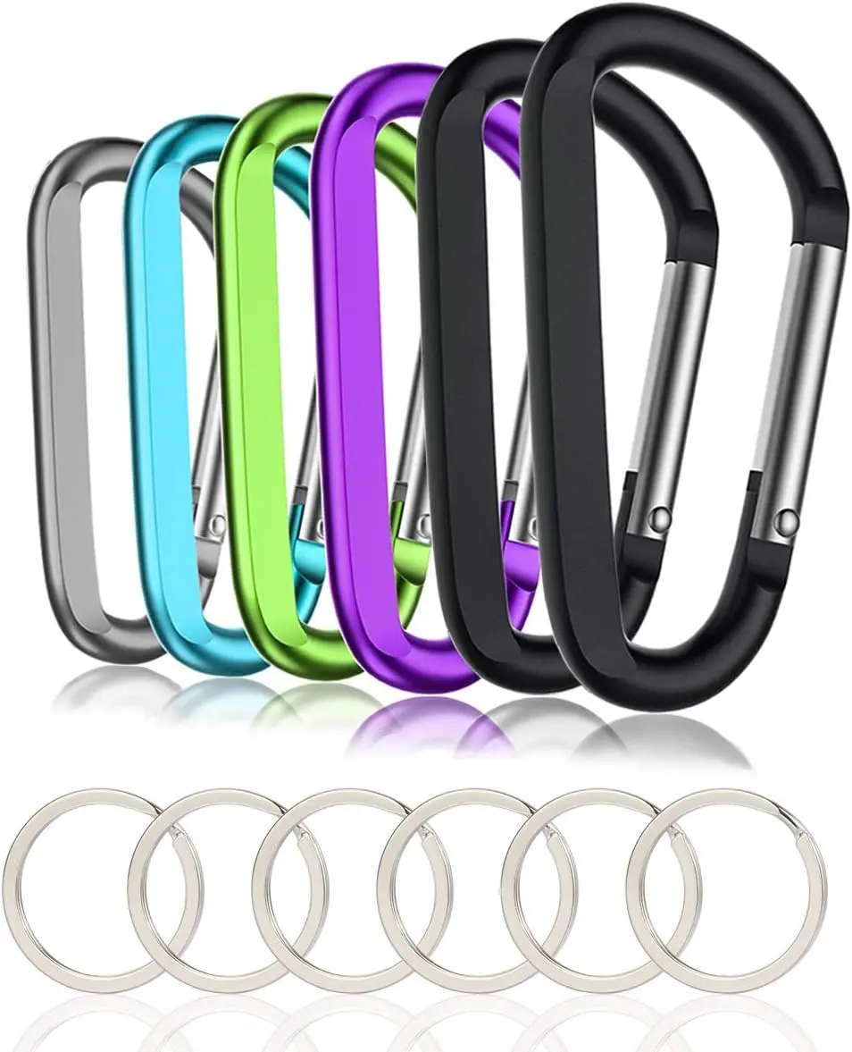 6 Pcs Carabiner Clip,3" Large Aluminum D Ring Shape Carabeaner with Keyring Keychain Hook