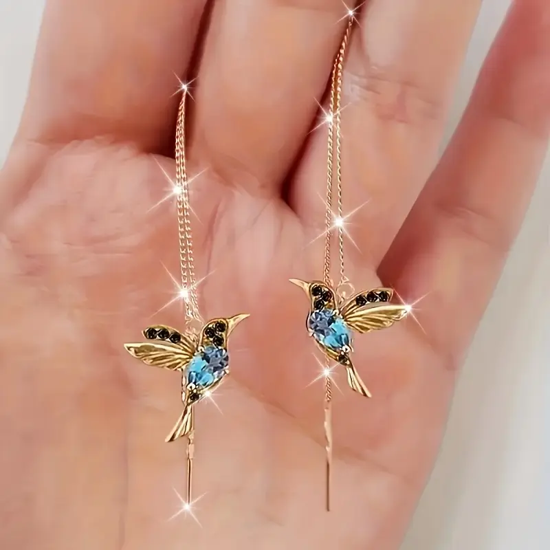 Birds Dangle Earrings for Female - Colorful Hummingbird Alloy Crystal Tassel Jewelry, Single Pair for a Casual Dangle Earring Stack, Animal, Daily, Fashion