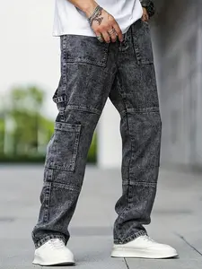 Live unbridled Fashionable Casual Baggy Cargo Jeans Large Pockets  Streetwear Menswear   Loose Denim Pants for Daily Wear Trouser