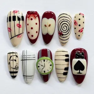 Whimsical Hand-painted Nail Art Set with Clocks, Music Notes, Apples, Unique Almond Nails for Holiday/Party, Custom Fake Acrylic Nails, Gift