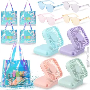 12 Pcs Summer Party Favors Include 4 Personal Necklace Fan Portable 4 Holographic Rainbow Iridescent Handbag 4 Color Therapy Glasses USB Rechargeable Battery Handheld Fan for Sport, Travel