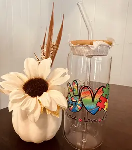 16oz Libby Glass “Peace Love and Autism” Cup with Glass Straw