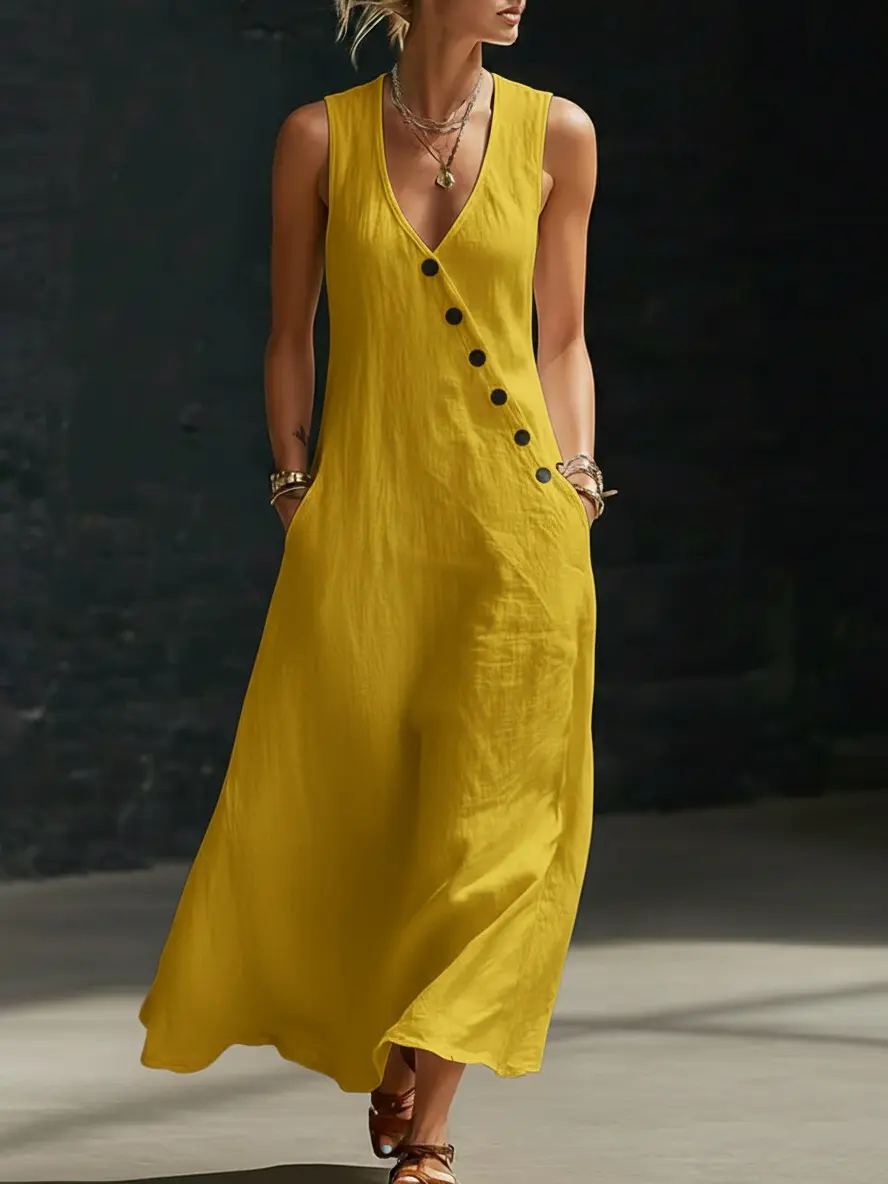 Boho Maxi Dress - Perfect for Beach, Vacation & Brunch! Sleeveless V-Neck  Button Detail Casual Dress with Pockets # SleevelessDress # CasualDress #  SummerDress # BohoFashion # VNeckDress # DressesForWomen # Outfit of the  Day. - TikTok Shop