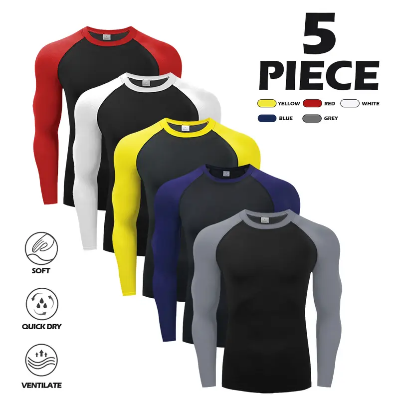 Sohochic Men's 5-Pack Long Sleeve Compression Sports Tops - Elastic Breathable Fitted Sportswear, Dry Fit Stretch Training Wear, Athletic Cut Fitness Clothes Tops for Gym/Running (Black Base with Color Block Sleeves)