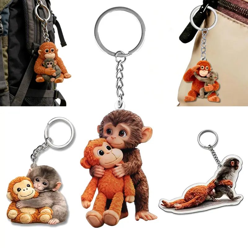 Adorable Monkey Hug Acrylic Sublimation Keychains - 5-Pack Customized Gift Ideas for Animal Lovers, Key Rings with Standard 0.18-inch Hole & Transparent Cover, Animals Keychain Decor, Print, Acrylic Print, Keychain For Bags