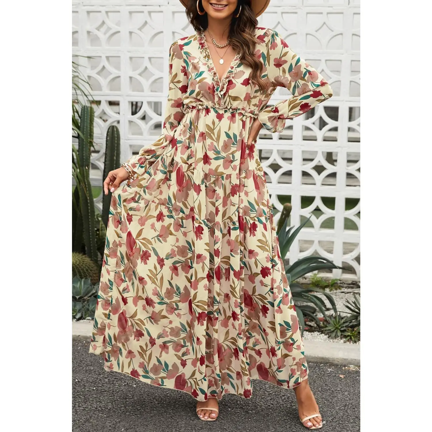 Women's Colorful Large Floral Print Flowy Modest Long Sleeve Maxi Casual Dress - Frill Trim, Flounce Sleeves, Plunge Neck, Colorful Floral Casual Dresses, Floral Casual Dresses