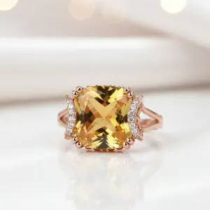 14k Rose Gold 6ct Cushion Yellow Citrine Diamond Option Ring