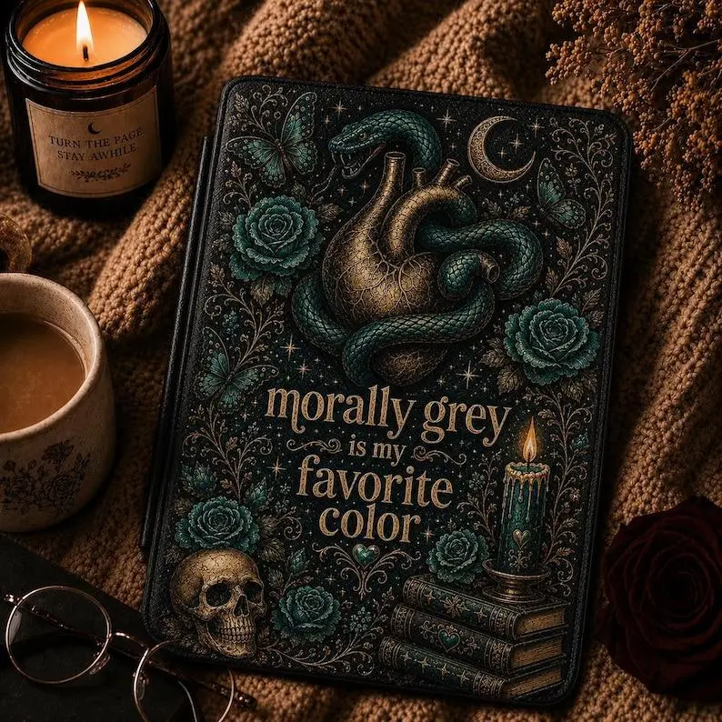 Morally Grey Gothic Floral Skull Kindle Case, Dark Romance Bookish Kindle Case With Hand Strap, Cover for Paperwhite 12th 7”, Kindle 2024, Fire 7, Kobo Clara BW Gift