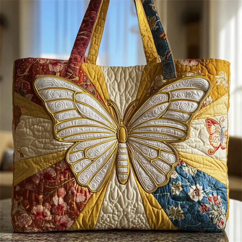 Women Quilted Tote Bag, Golden Trim Butterfly Patchwork Floral Print Shoulder Handbag, Large Capacity Bohemian Style Shopping Bag, Rustic Butterfly Art Tote Purse for Daily Grocery Travel